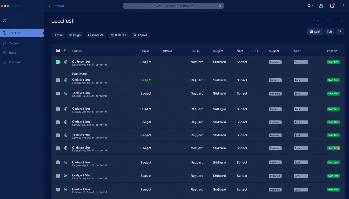 Tela de listagem de emails enviados no JetSend com filtros e status badges