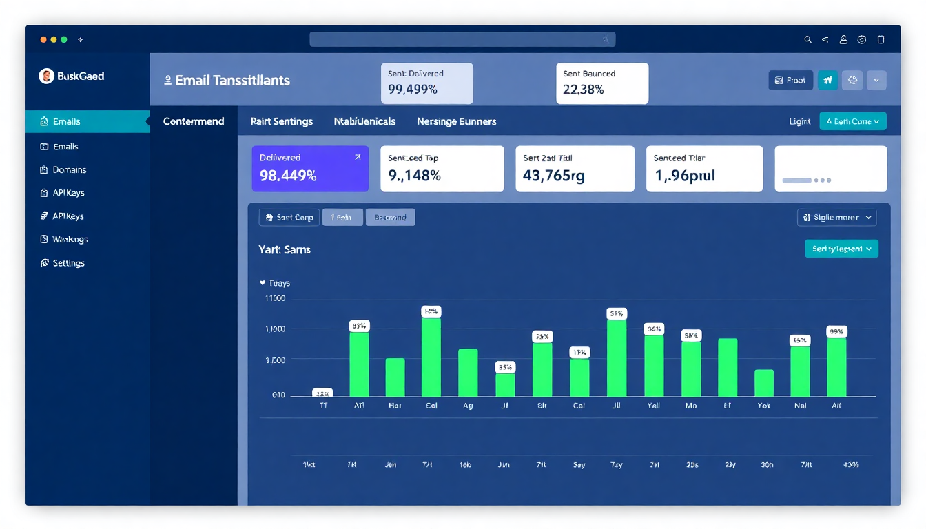 Dashboard JetSend: visão geral com gráfico de envios diários, KPIs de delivered/bounced/complained